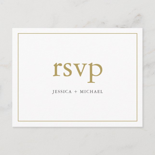 Simple Chic Gold and White Custom Wedding RSVP Invitation Postcard (Front)