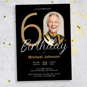 Simple Chic Gold Black Custom Photo 60th Birthday  Invitation