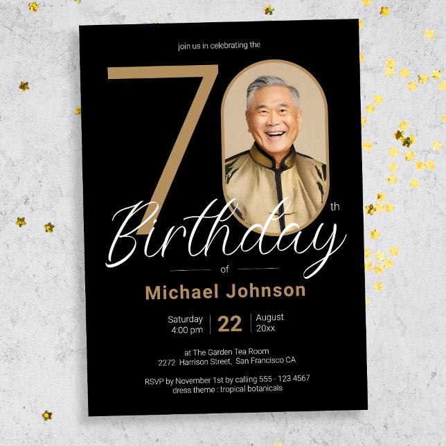  Simple Chic Gold Black Photo 70th Birthday  Invitation (Mockup View)