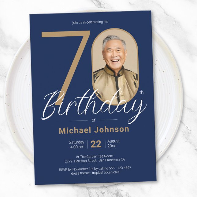  Simple Chic Gold Navy Blue Photo 70th Birthday Invitation (Simple Chic Gold Navy Blue Photo 70th Birthday Invitation)