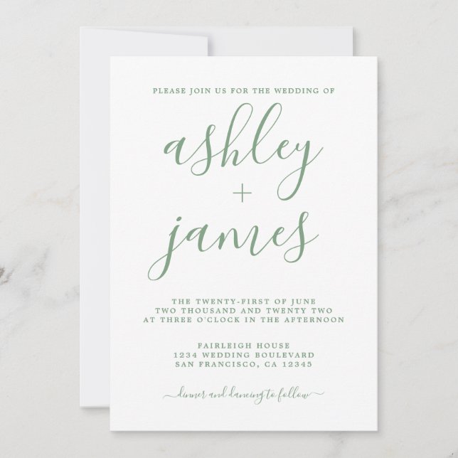 Simple Chic Green White Calligraphy Wedding Invitation (Front)