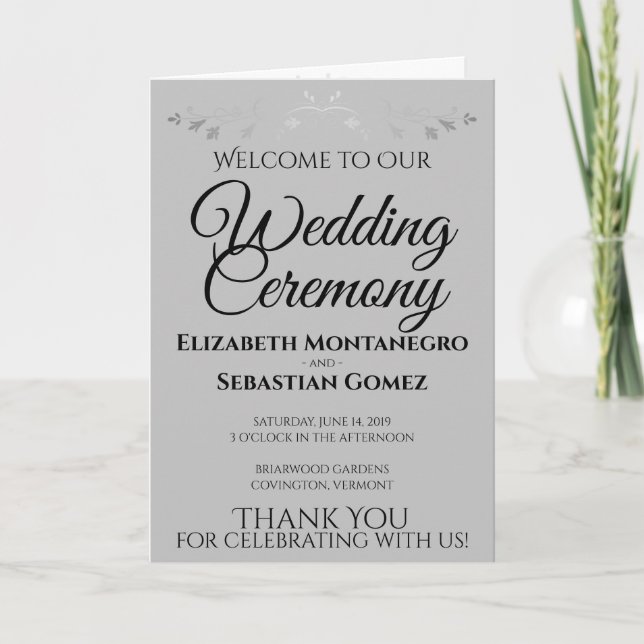 Simple Chic Grey Flourish Wedding Ceremony Folded Programme (Front)
