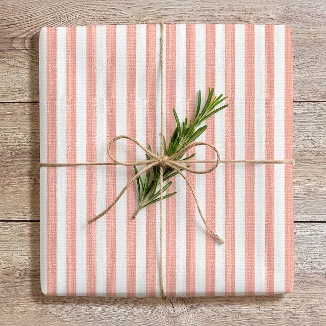 Simple Chic Linen Look Striped Pattern Coral Pink Wrapping Paper (Creator Uploaded)