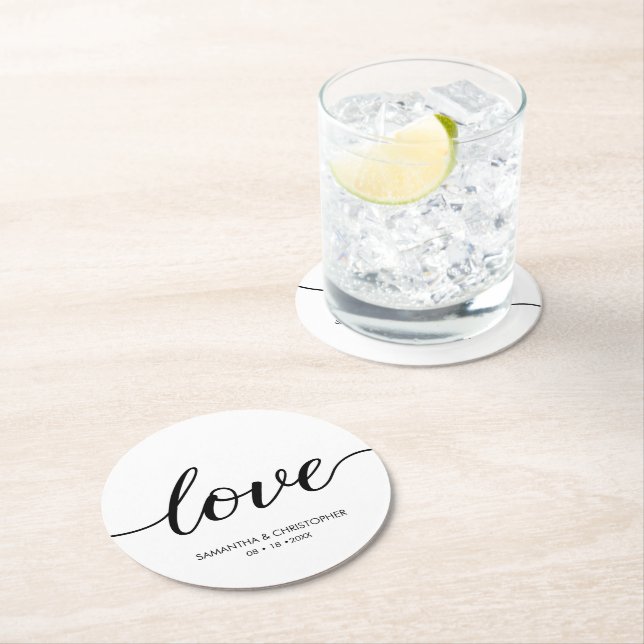 Simple Chic Love Script Wedding custom Favour Box Round Paper Coaster (Insitu)