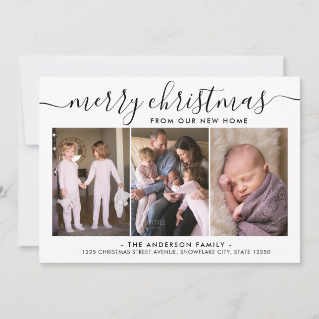 Simple Chic Merry Christmas 3 Photo Holiday Moving Announcement (Front)