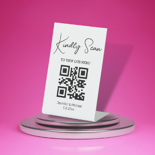 simple chic minimal qr code wedding menu pedestal sign