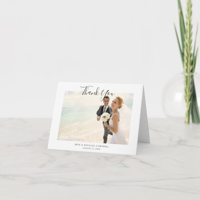 Simple Chic Modern Script Photo Wedding Thank You Card (Front)
