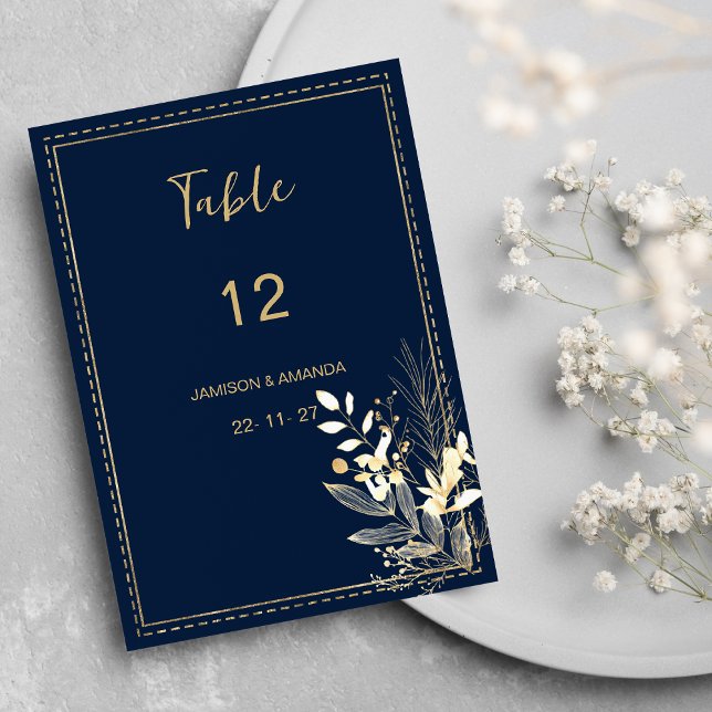 Simple chic navy blue gold floral Table Numbers  (Simple chic navy blue gold floral Table Numbers )