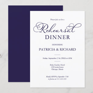 Simple Chic Navy Blue Script Rehearsal Dinner Invitation