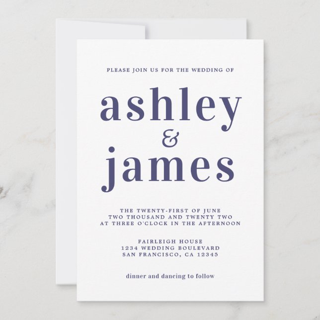 Simple Chic Navy BlueTypography Wedding Invitation (Front)
