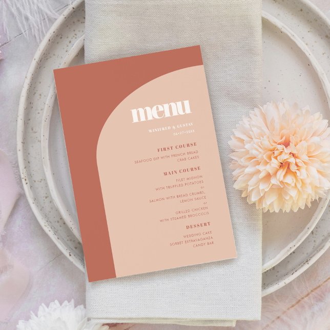 Simple chic peach terracotta arch wedding menu (Creator Uploaded)