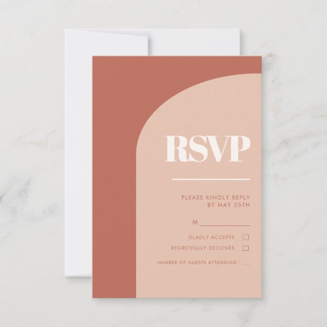 Simple chic peach terracotta arch wedding RSVP card (Front)