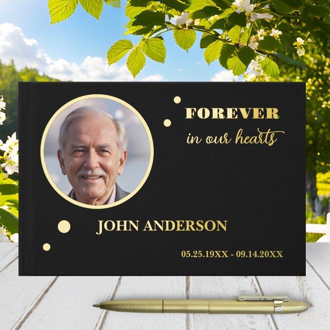 Simple Chic Photo Funeral Real Foil  Guest Book (Minimalist black memorial service guest book featuring a custom photo on a real gold foil circle)
