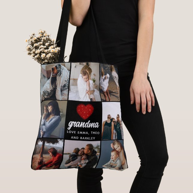 Simple Chic Red Heart 8 Photo Collage grandma Tote Bag (Close Up)