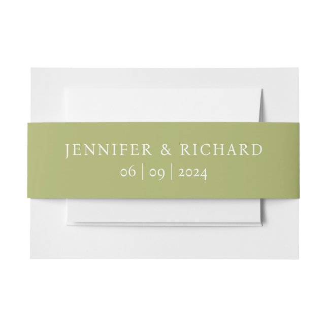 Simple Chic Sage Name And Date Wedding Invitation Belly Band (Front Example)
