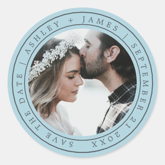 Simple Chic Save the Date Wedding Photo Blue Classic Round Sticker (Front)