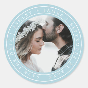 Simple Chic Save the Date Wedding Photo Blue Glow Classic Round Sticker