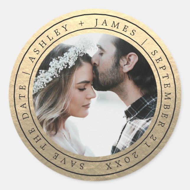 Simple Chic Save the Date Wedding Photo Gold Class Classic Round Sticker (Front)