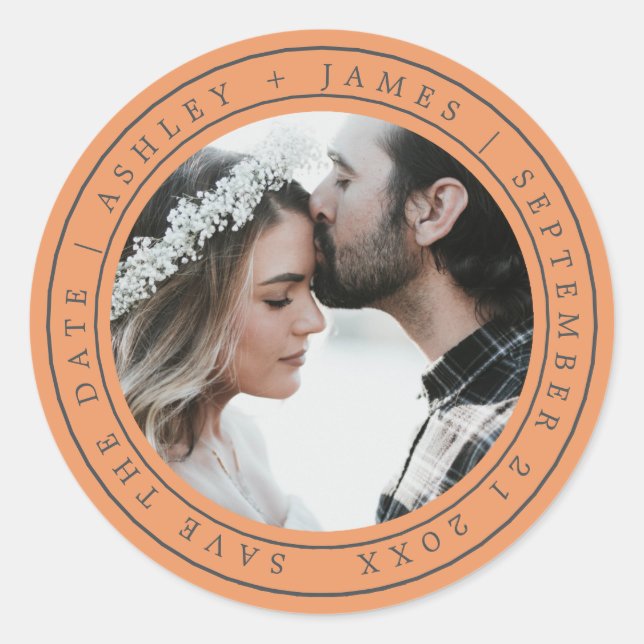 Simple Chic Save the Date Wedding Photo Orange Cla Classic Round Sticker (Front)