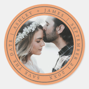 Simple Chic Save the Date Wedding Photo Orange Cla Classic Round Sticker