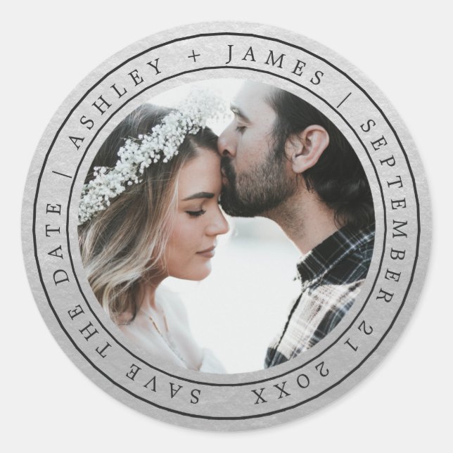 Simple Chic Save the Date Wedding Photo Silver Classic Round Sticker (Front)