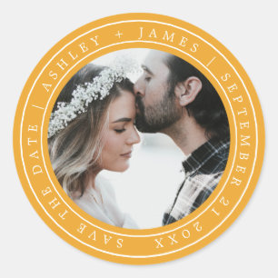 Simple Chic Save the Date Wedding Photo Yellow Classic Round Sticker