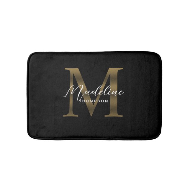 Simple Chic Script Metallic Black Gold Monogram Bath Mat (Front)