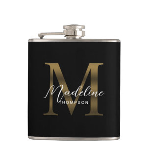 Simple Chic Script Metallic Black Gold Monogram Hip Flask