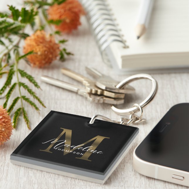 Simple Chic Script Metallic Black Gold Monogram Key Ring (Front Right)