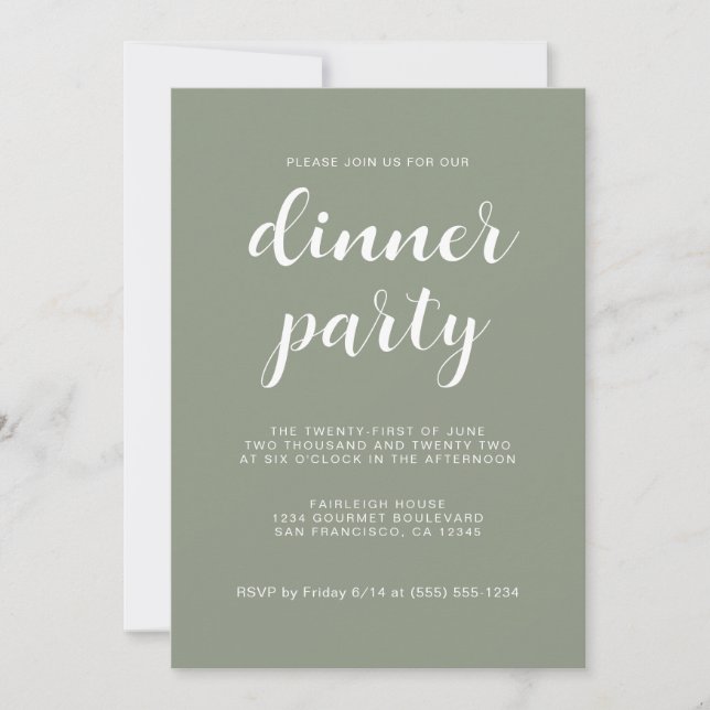 Simple Chic Script Sage Green Dinner Party Invitation (Front)