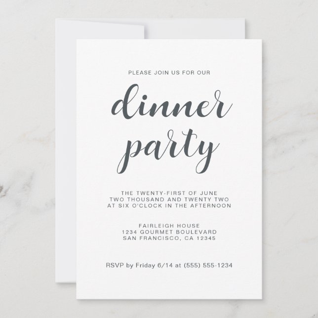 Simple Chic Script White Dinner Party Invitation (Front)
