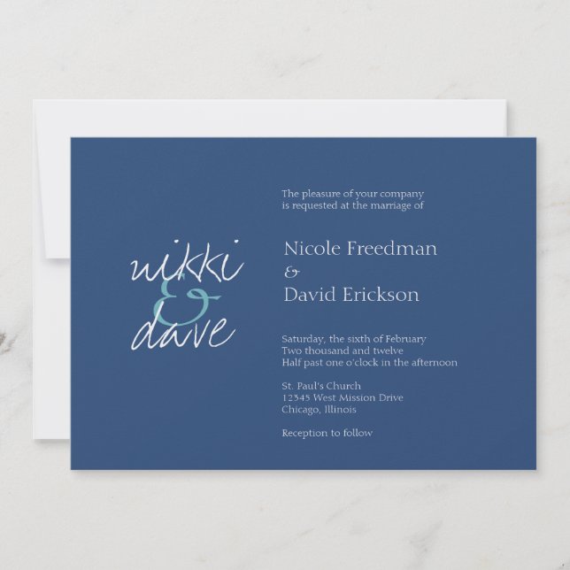 Simple chic shimmer elegance navy blue wedding invitation (Front)