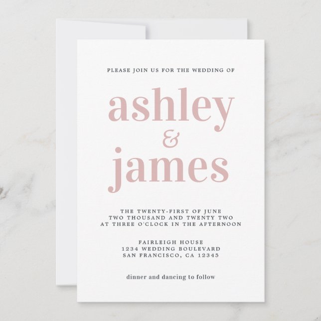 Simple Chic  Typography Silver Pink Wedding Invitation (Front)