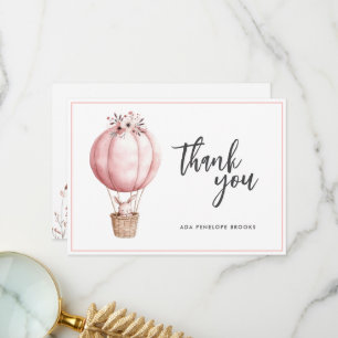 Simple Chic Watercolor Hot Air Balloon Baby Girl Thank You Card