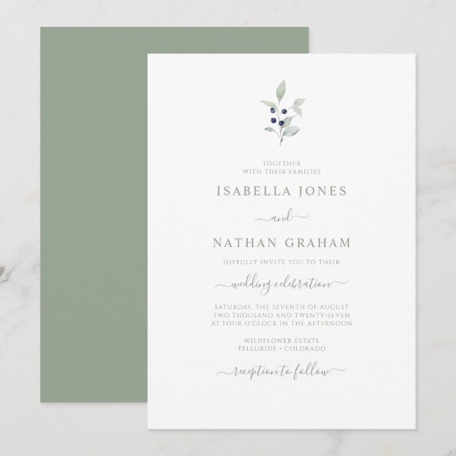 Simple Chic Watercolor Sage Navy Botanical Wedding Invitation (Front/Back)