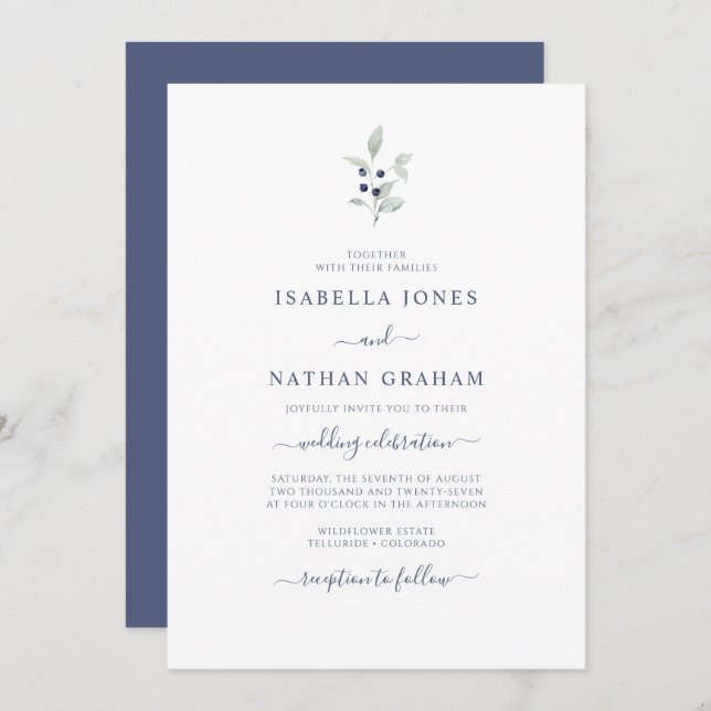 Simple Chic Watercolor Sage Navy Botanical Wedding Invitation (Front/Back)