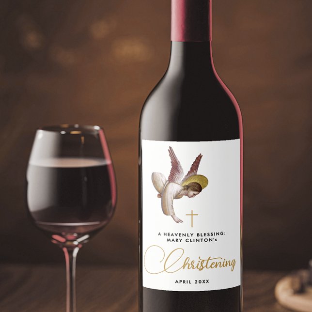 Simple Chic White Angel Faith Baptism Christening Wine Label (Creator Uploaded)