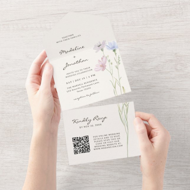Simple Chic Wildflower Beige Wedding All In One Invitation (Tearaway)