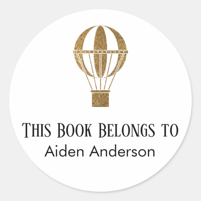 Simple Child Baby Gold Hot Air Balloon Bookplate Classic Round Sticker (Front)