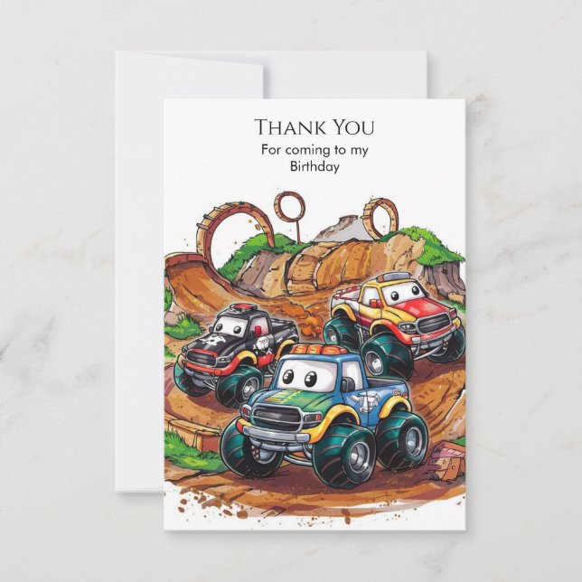 Simple Children's Monster Truck Birthday Thank You Card (Front)
