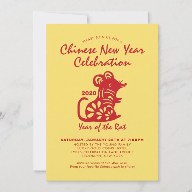 Simple Chinese New Year Celebration Red Rat 2020 Invitation (Front)