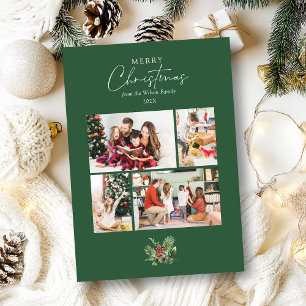 Simple Christmas 4 Photo Collage Greenery Holiday Card