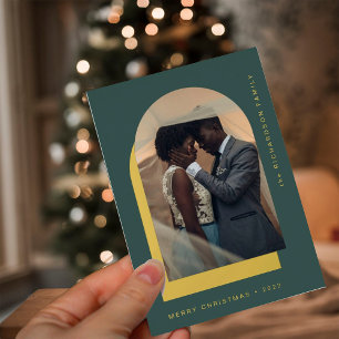 Simple Christmas Arch Modern Two Photo Green Foil Holiday Card