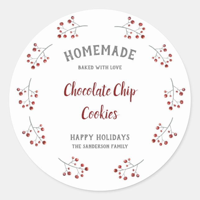 Simple Christmas Berry Wreath Holiday baking Classic Round Sticker (Front)