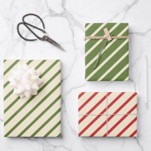 Simple Christmas Diagonal Stripe Olive Green & Red Wrapping Paper Sheet