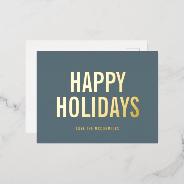 Simple Christmas Dusty Blue Happy Holidays Gold Foil Holiday Postcard (Front/Back)