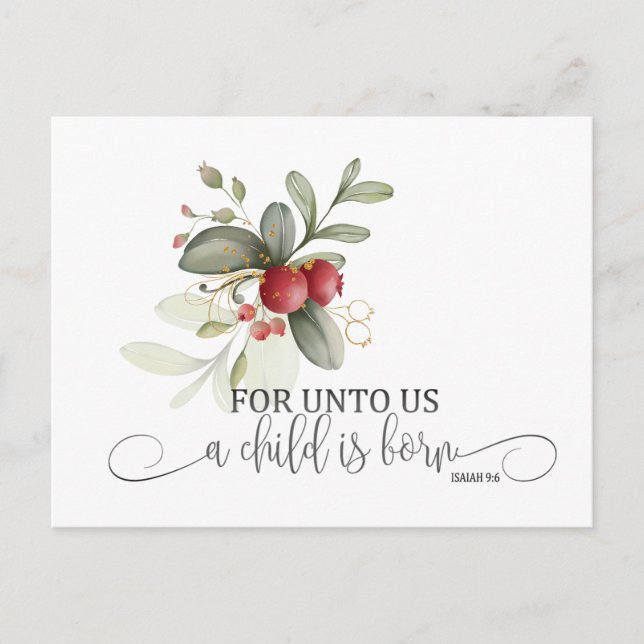 Simple Christmas Floral Bible Verse Isaiah 9:6 Postcard (Front)