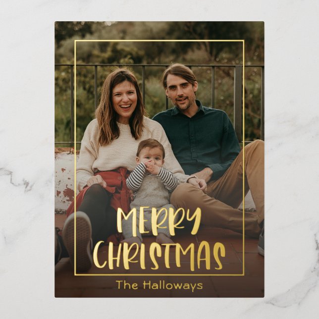 Simple Christmas Framed Photo Gold Foil Holiday Postcard (Front)