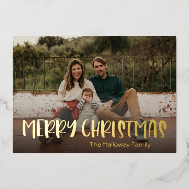 Simple Christmas Full Photo Gold Foil Holiday Card (Front)