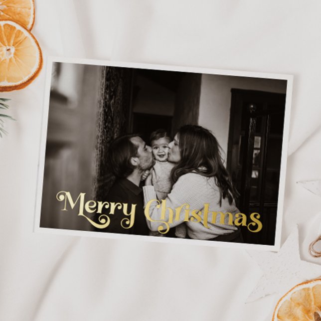 Simple Christmas Full Photo Merry Christmas Gold Foil Holiday Postcard (Creator Uploaded)